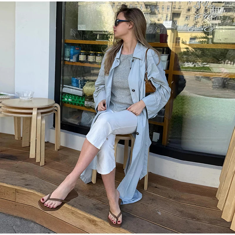 Lapel Collar Button Front Long Trench Coat With Waist Belt for Women