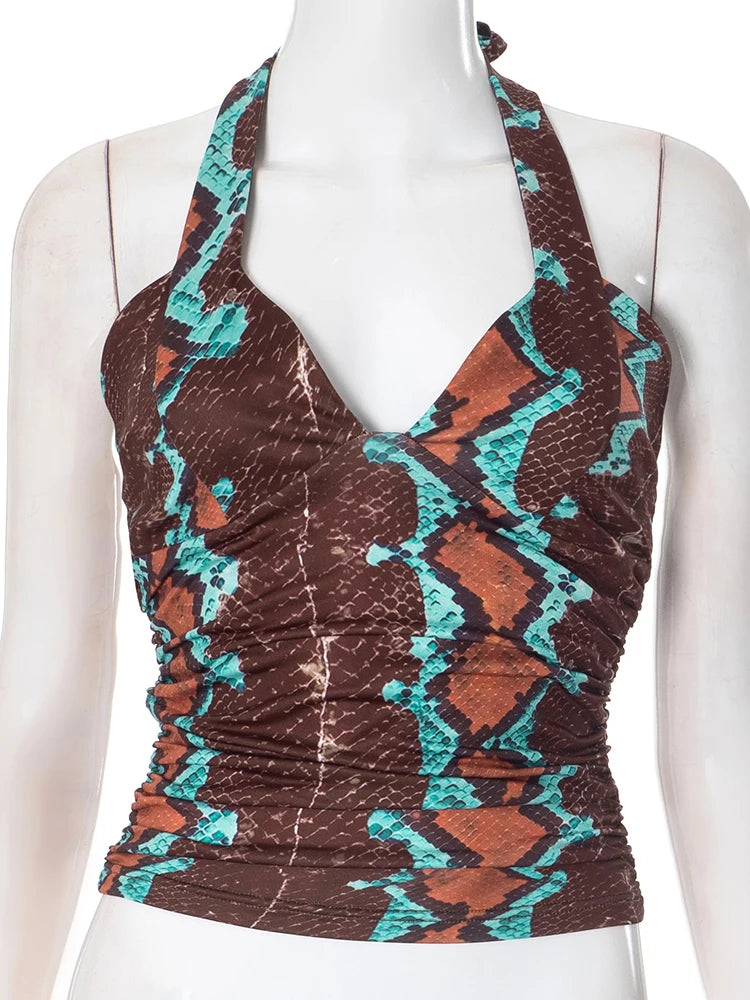 Panelled Y2K Snake Print Halter Backless Tank Top for Women
