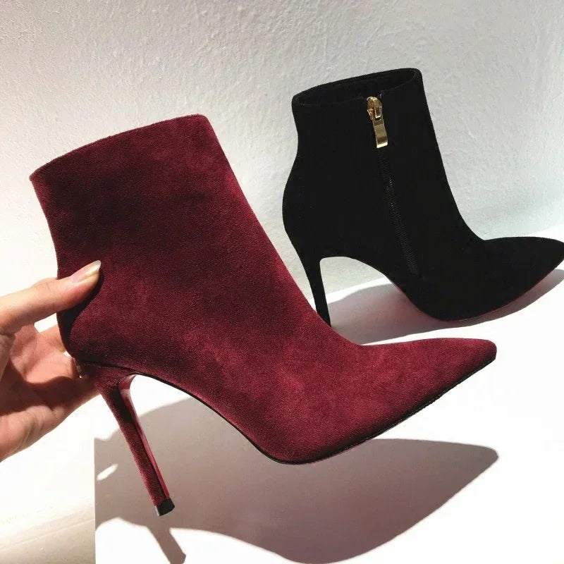 Pointed Toe Soft Leather Ankle Boots With Thin Heels for Women