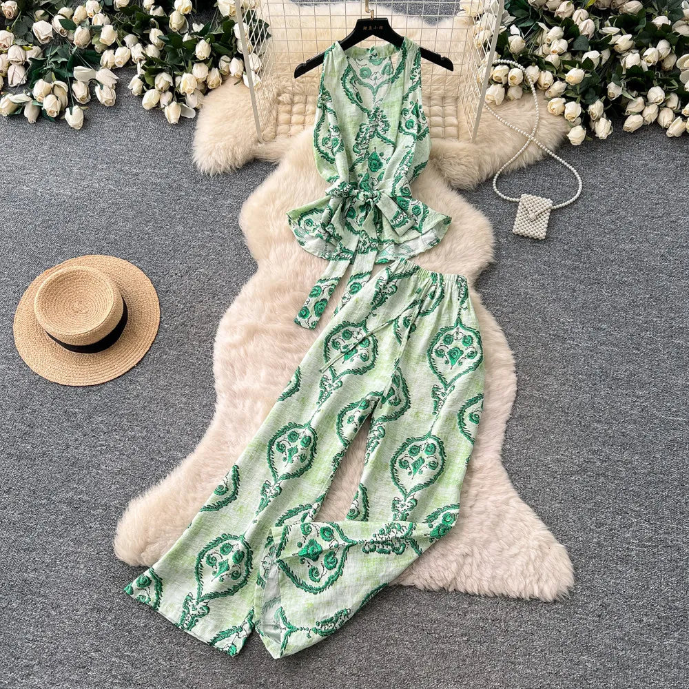 Boho Print Lace-Up Tank Top and Wide-Leg Pants Set for Women
