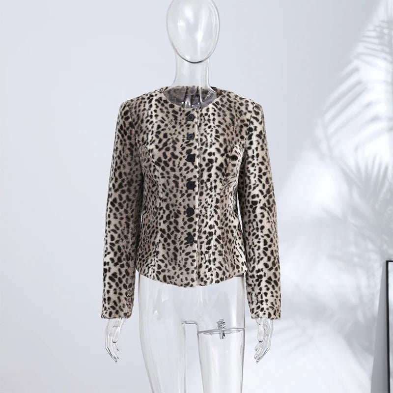 Leopard Print Faux Fur Single Breasted Crop Jacket for Women