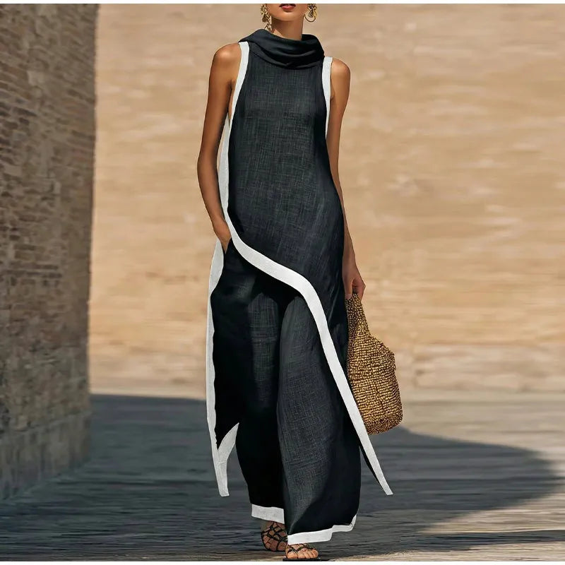 Casual Solid Blouse and Wide Leg Trousers for Women