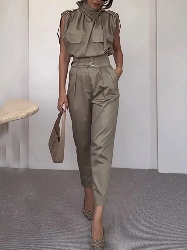 Sleeveless Turtleneck Simple Matching Set, Women Summer Cargo Pants Fashion Outfit, Solid Patchwork Chic Ladies Suits Streetwear