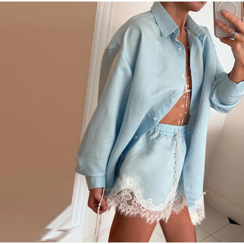 Casual Loose Fit Lace Patchwork Shorts Outfit For Women