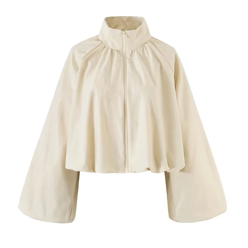 Zip Up High Neck Puff Sleeve Cropped Jacket For Women