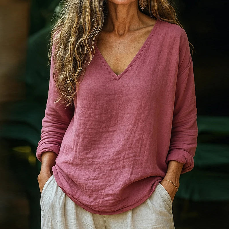 Women's Casual V Neck Pullover Blouse Long Sleeve Patchwork Chic Top Spring Autumn Solid Loose Simple Ladies Shirts Fashion 2025