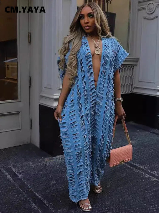 CM.YAYA Women Cutout Hollow Out Deep V-neck Loose Straight Wide Leg Denim Jumpsuit Jeans 2024 Sexy Street  One Piece Suit Romper