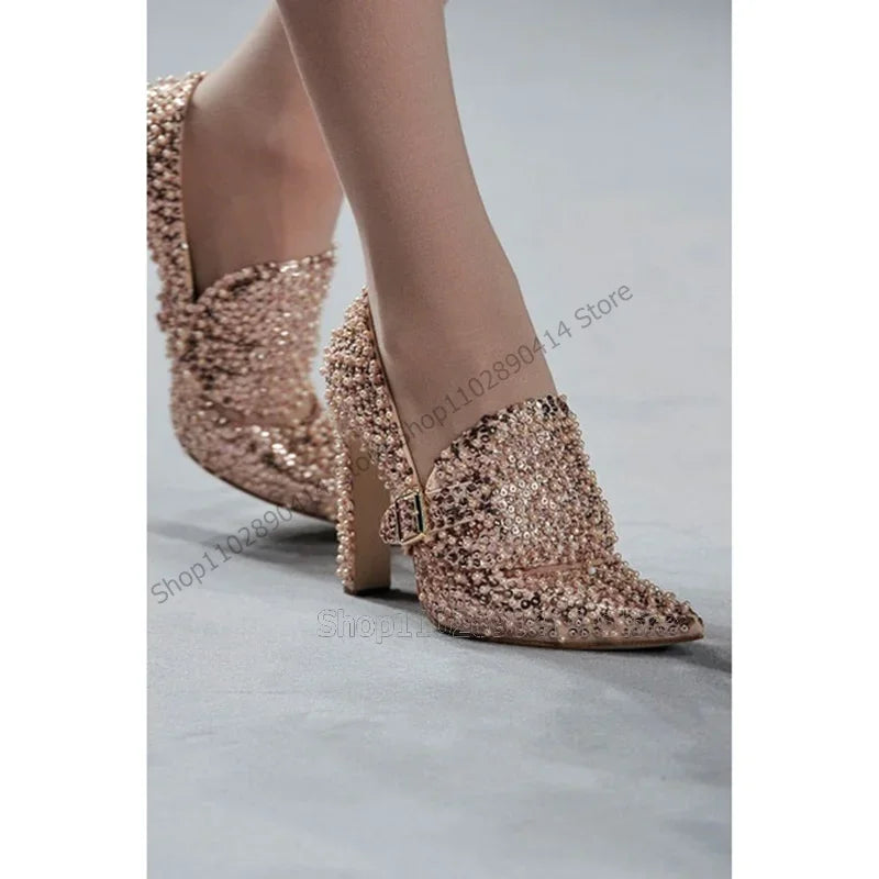 Sequined Gold Buckle Pointed Toe Chunky Heel Pumps For Women