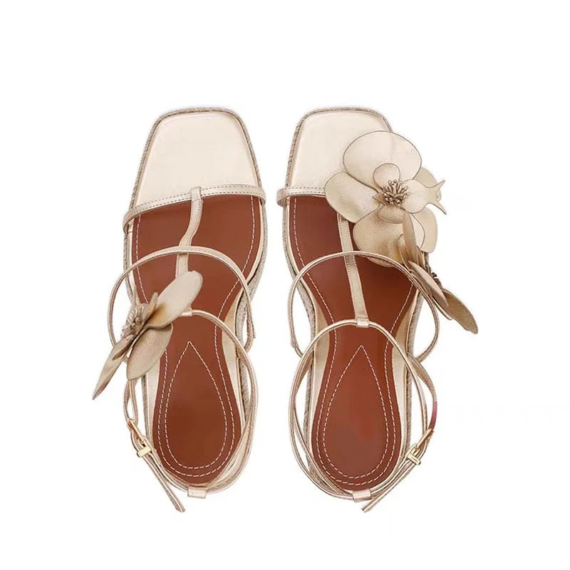 Gold Flower Woven High Heel Sandals