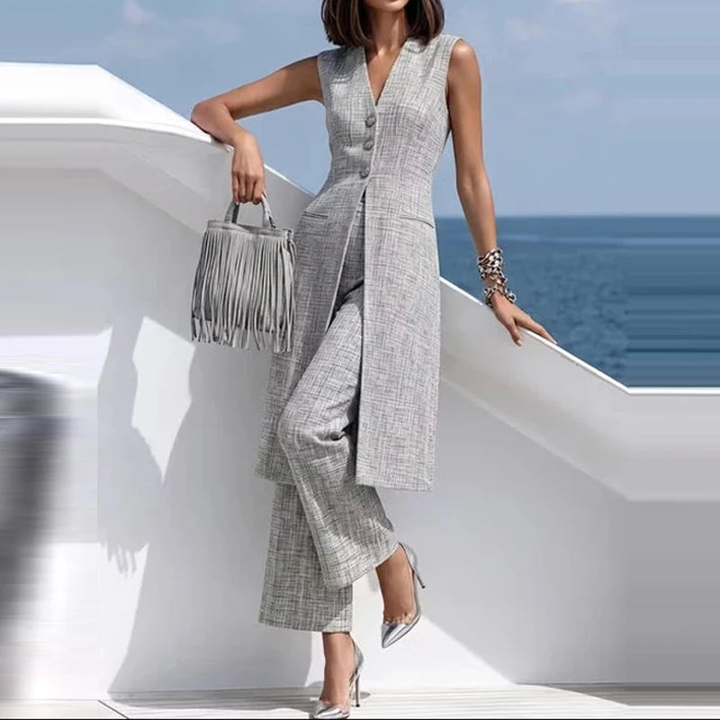 Elegant V-Neck Sleeveless Two-Piece Pants Set for Women