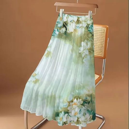 Women's Floral Printed Long Chiffon Skirt, Elastic, High Waist, A Line, Max Pleated, Summer, Fashion