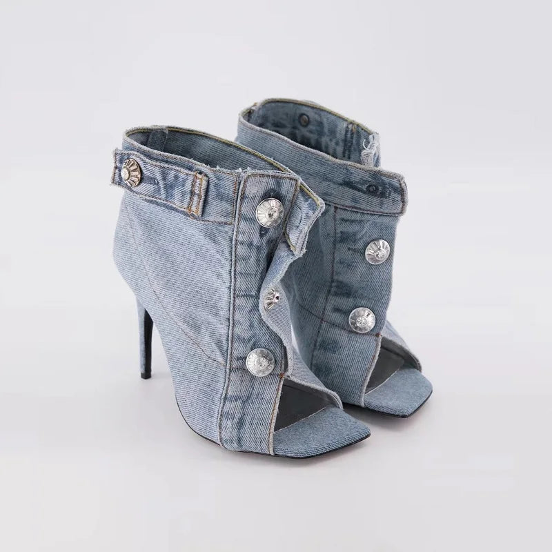 Elegant Denim Look Strappy Peep Toe Stiletto Sandals for Women