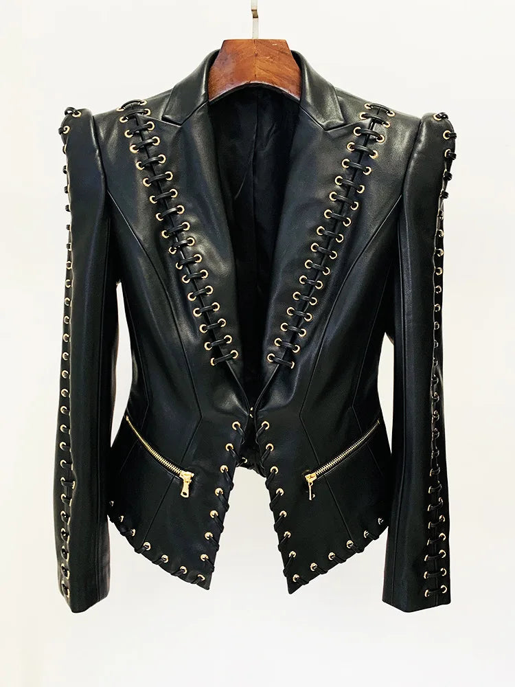 Mandarin Collar Lace-Up Faux Leather Jacket for Women