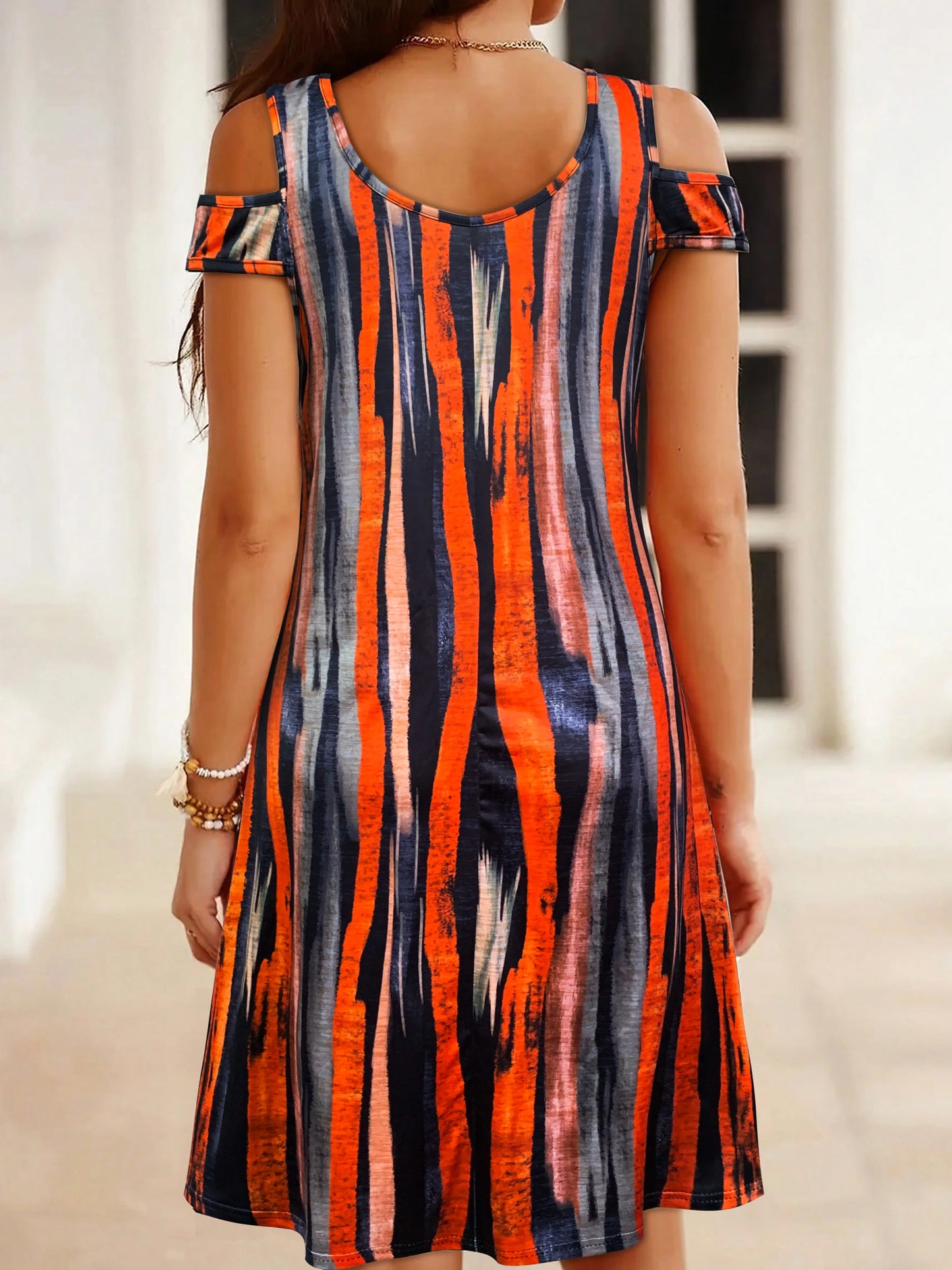 Women's Off - Shoulder V - Neck Striped Dress, Colorful Abstract Pattern, Casual Summer & Beach Wear