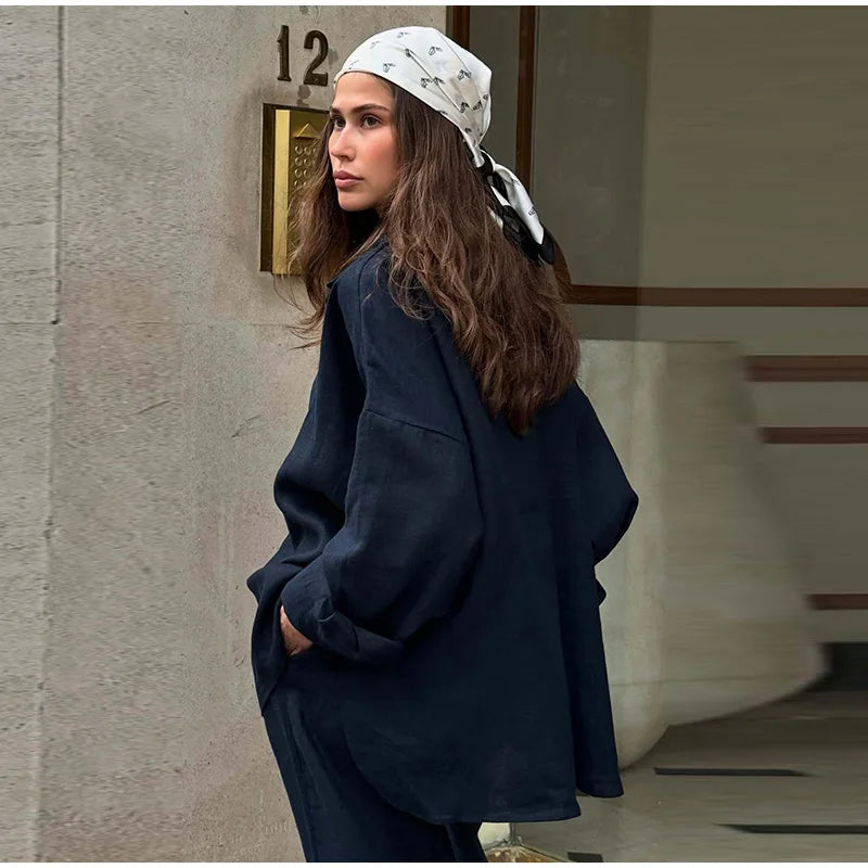 Casual Solid + Shirt and Wide Leg Pants Set + for Women