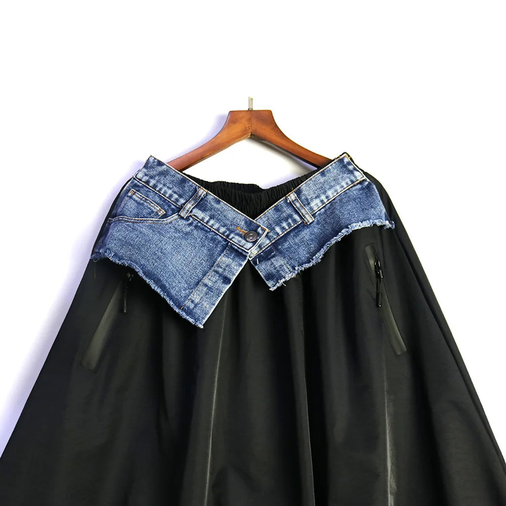 Casual Ankle-Length Spliced Denim with Contrast Color Skirt for Women