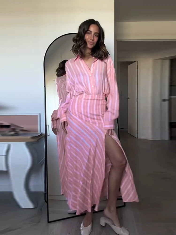 Elegant Striped Long Sleeve Shirt and Skirt Set for Women