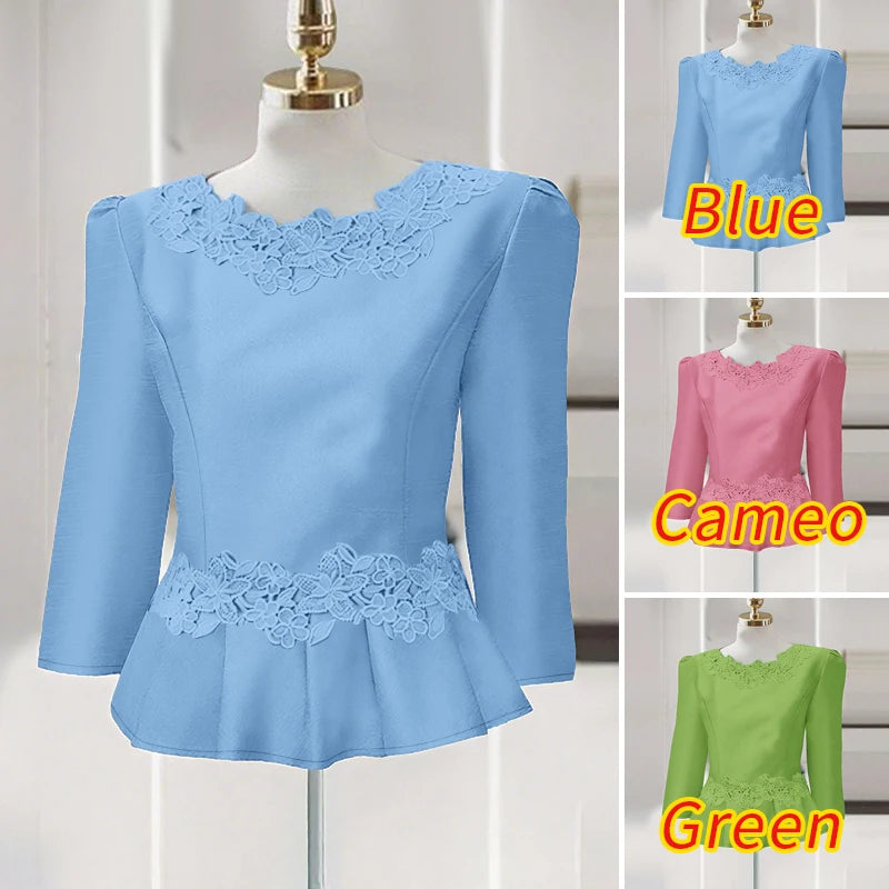 Lace Patchwork Three Quarter Sleeve Peplum Blouse for Women