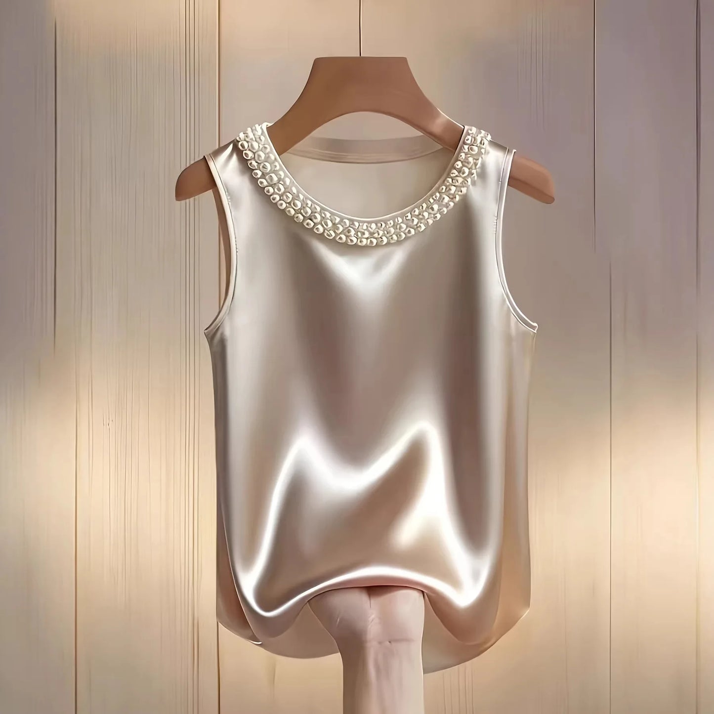 Loose Satin Beaded Pearl Decor Sleeveless Tank Top for Women