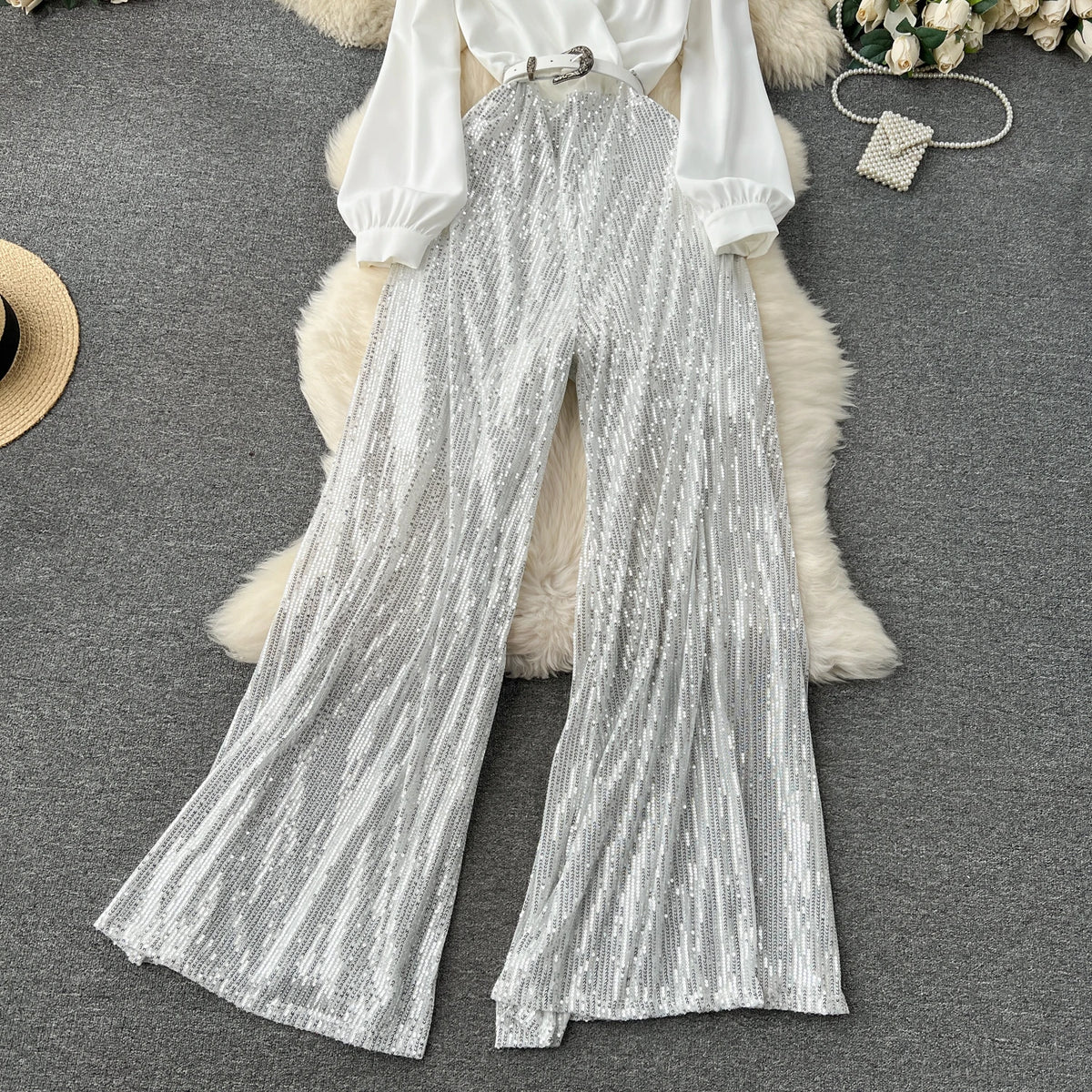 Sequined Patchwork V Neck Wide Leg Jumpsuit for Women
