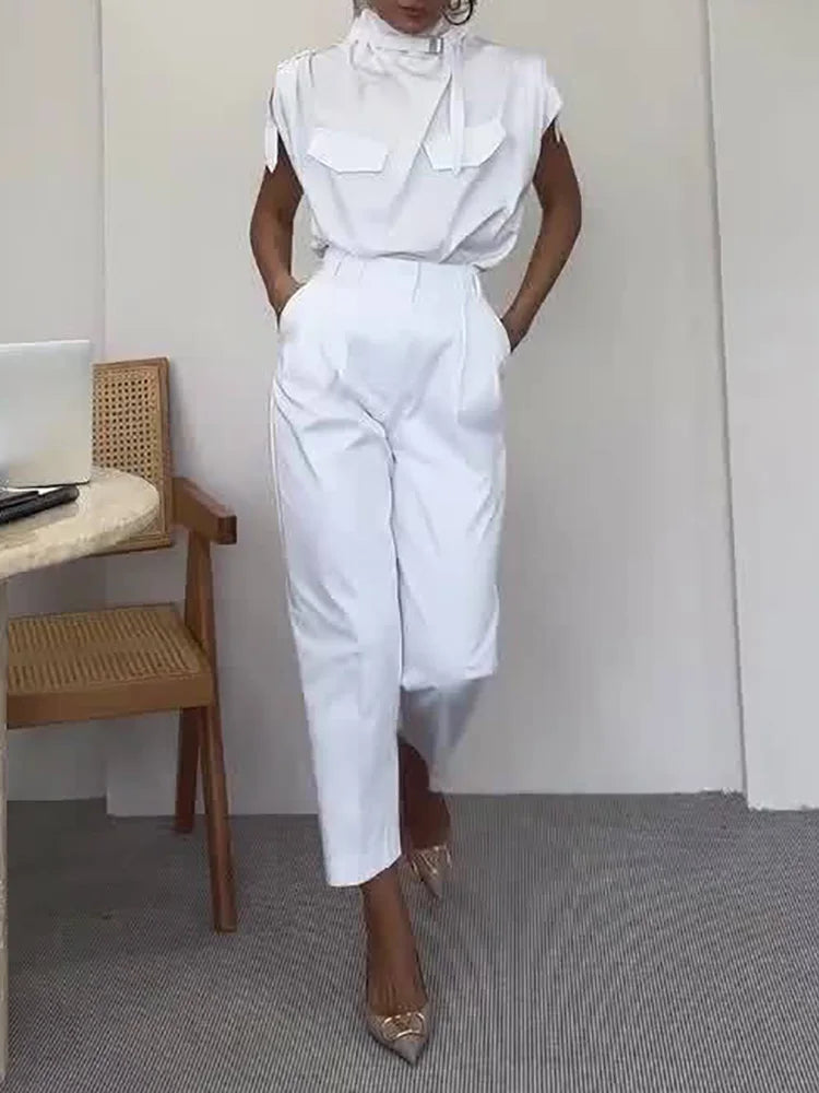 Sleeveless Turtleneck Simple Matching Set, Women Summer Cargo Pants Fashion Outfit, Solid Patchwork Chic Ladies Suits Streetwear