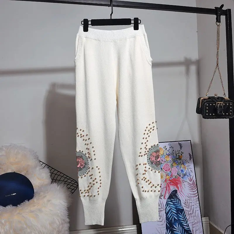 Spring Autumn Women Knitting Suits Trendy Beading Cross Stitch Pullover Sweater Top + Loose Casual Harem Pants White Knit Sets