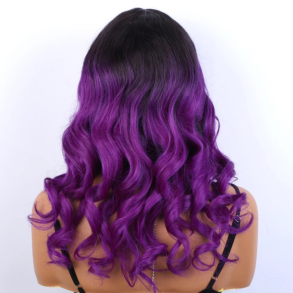 Long Purple Body Wave Human Hair Wig With Bangs for Women