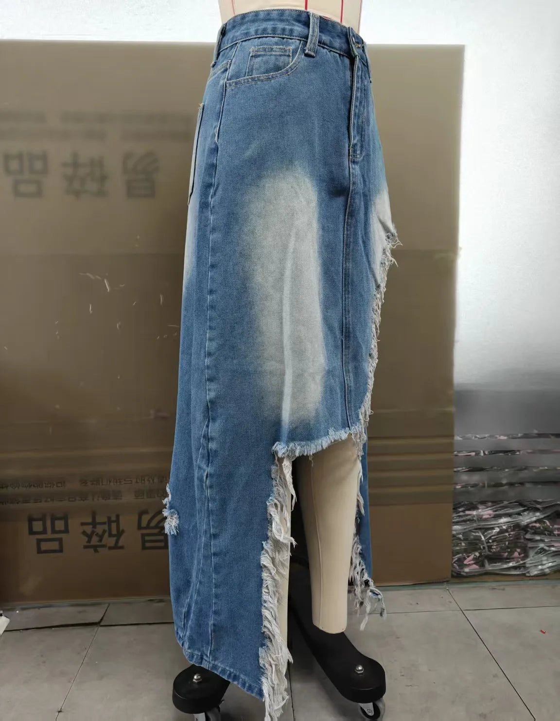Distressed High Waist Denim Skirt With Irregular Hem For Women