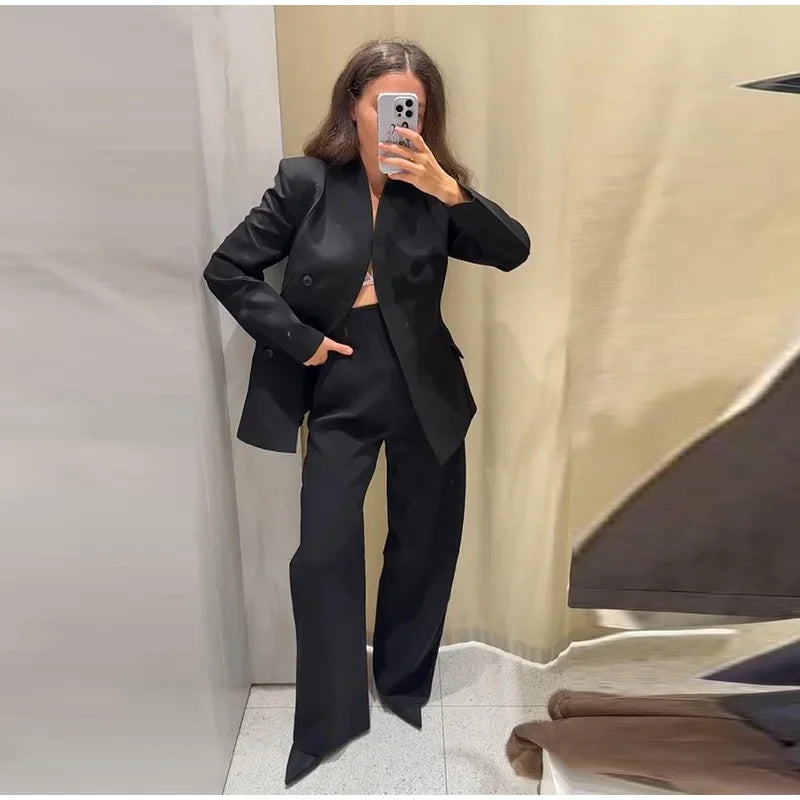 Women's Pant Set Office Elegant V-neck Full Sleeve Blazers High Waist Straight Pants Female Sets 2026 New Winter Woman Outfits