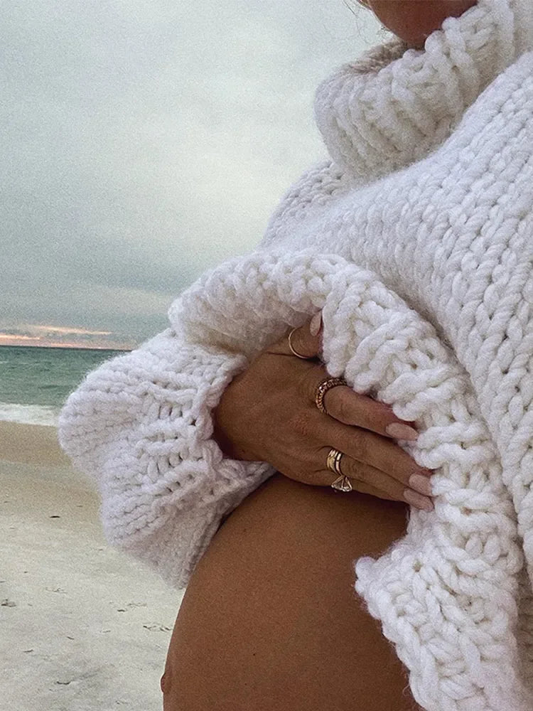 Oversized Knit Turtleneck Sweater With Lantern Sleeves For Women