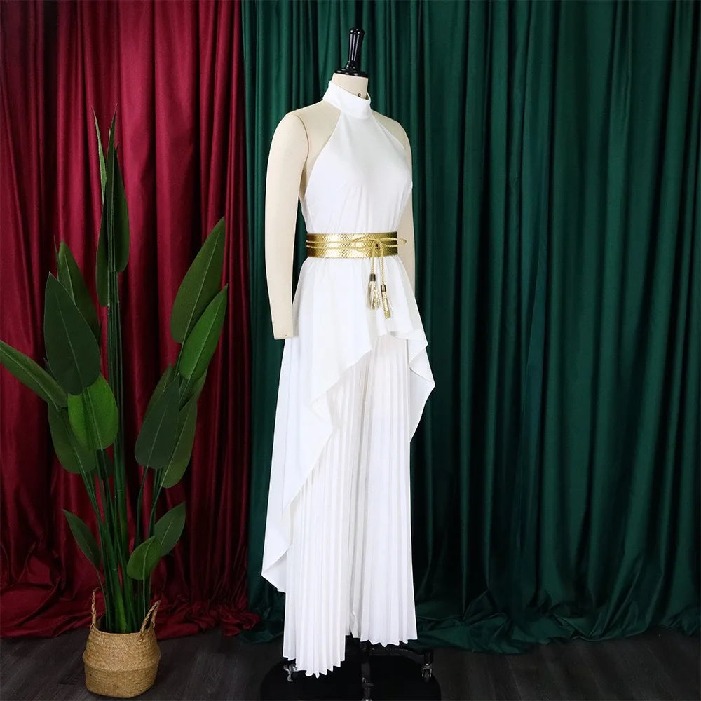 2 Pieces Pants Sets Womens Outfits Blouse Extra Long Sleeveless Backless Belt Waisted & Wide Leg Pants Pleated Floor Length Sets