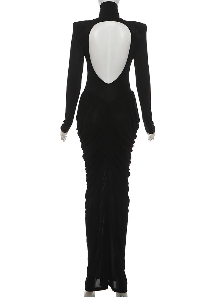 Elegant Ruched Backless Turtleneck Maxi Dress for Women