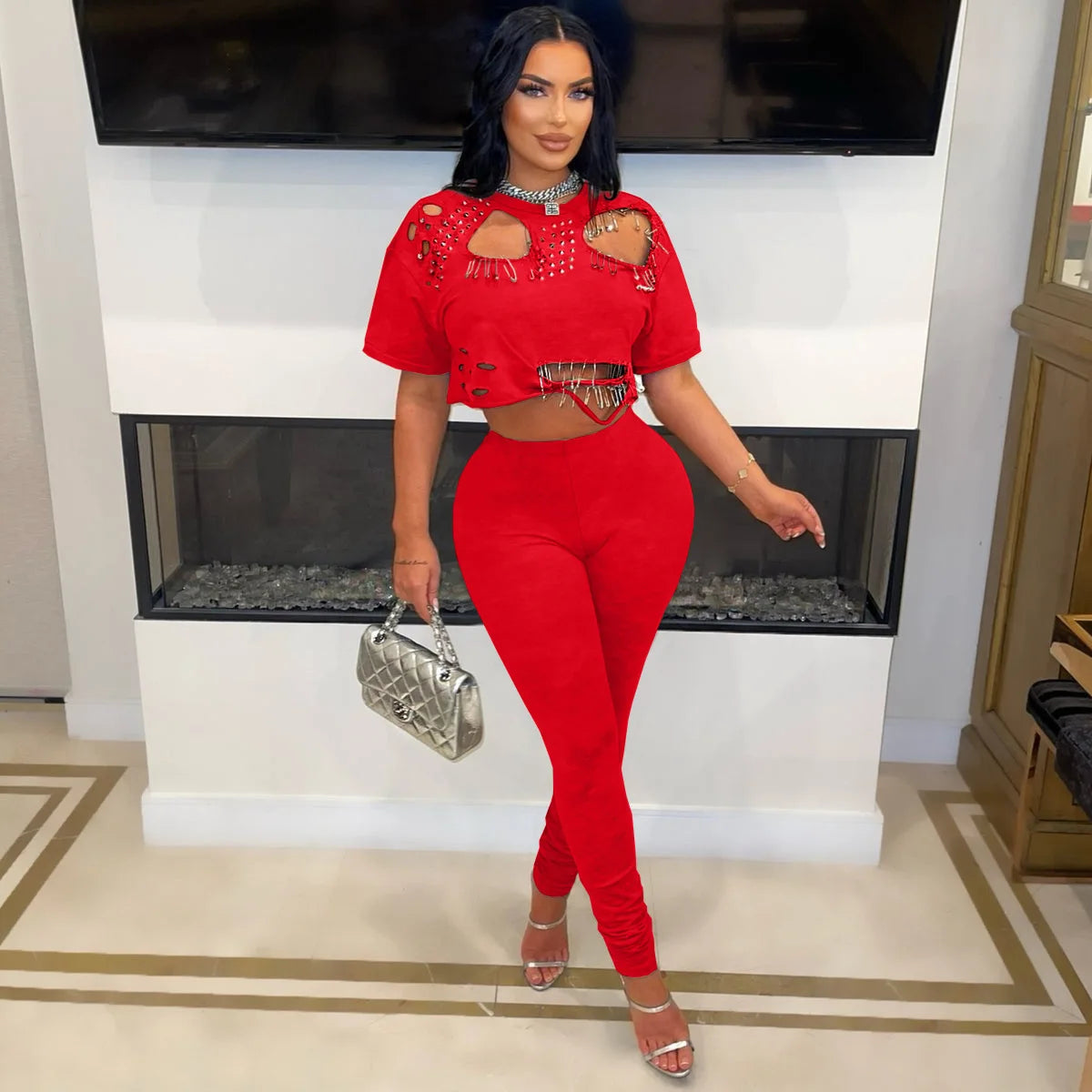 Casual Short Sleeve Hollow Out Two-Piece Tracksuit for Women