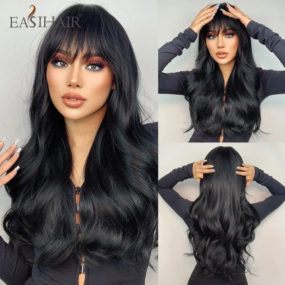Long Wavy Black Synthetic Wig With Blonde Bangs for Women