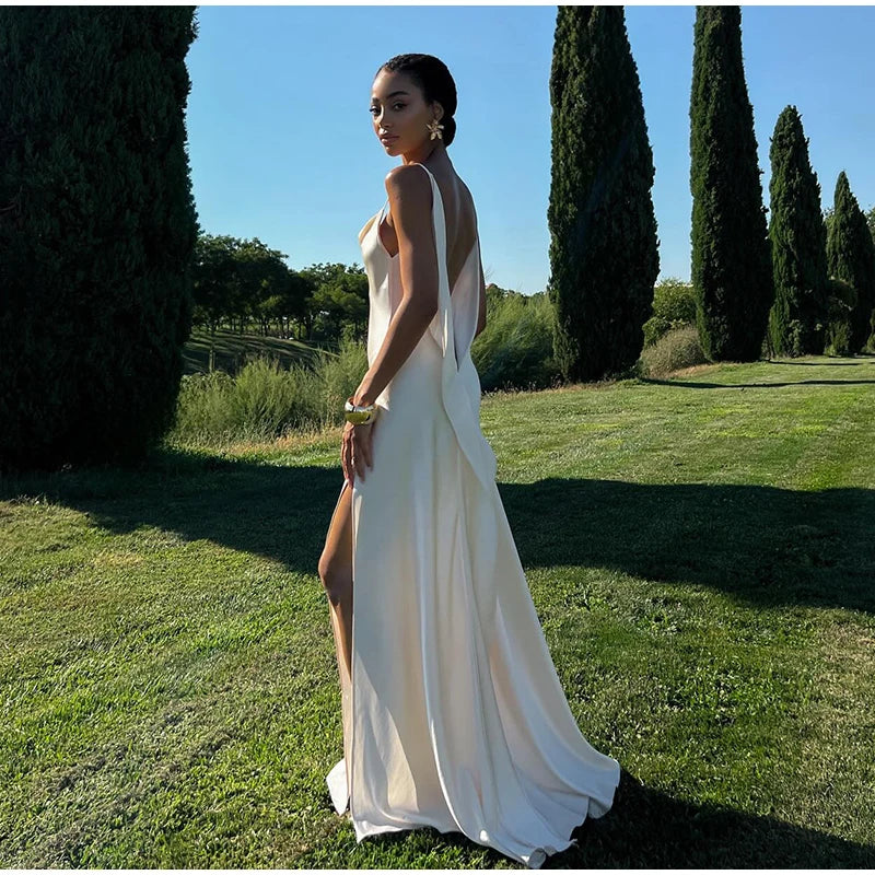 Sophisticated Backless Satin Evening Dress for Women