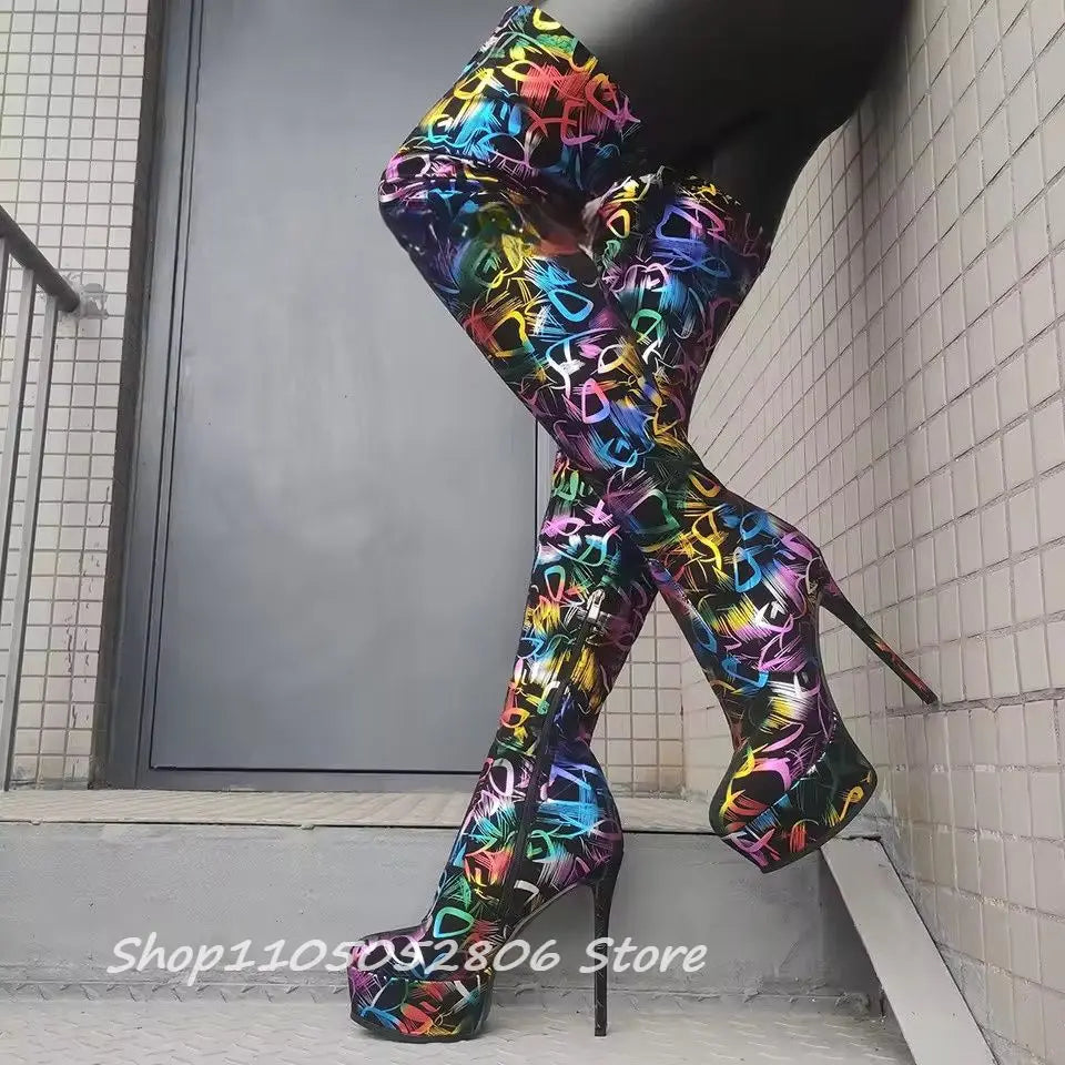 Colorful Graffiti Print Thigh High Platform Boots for Women