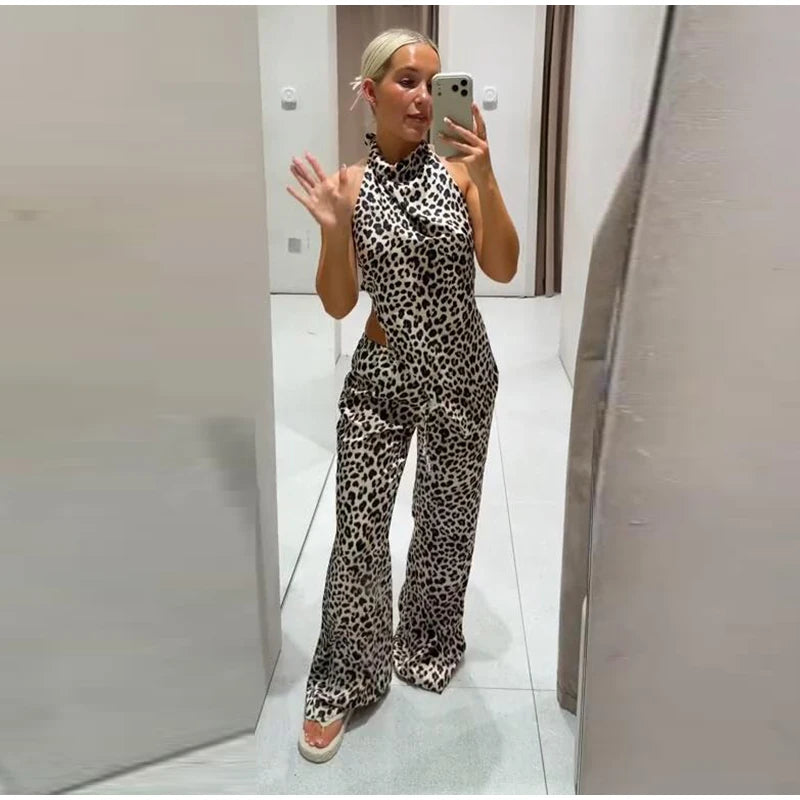 Leopard Print Halter Neck Top And High Waist Flare Pants Set For Women