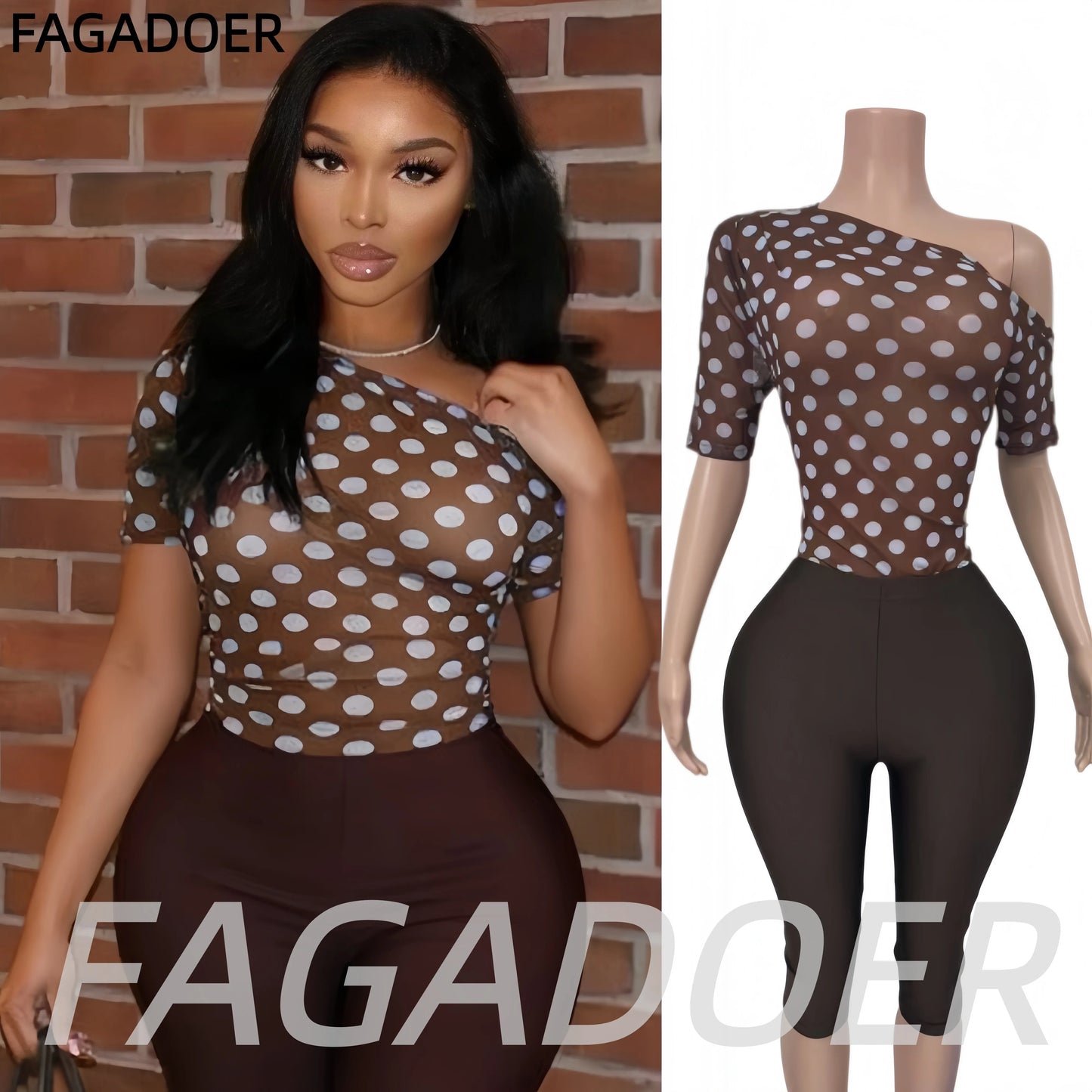 Off Shoulder Polka Dot Mesh See Through Two Piece Set for Women
