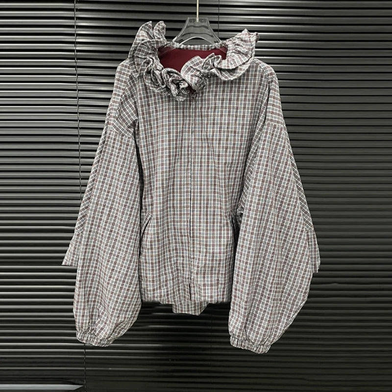 KUCLUT 2025 Autumn New Fashion Ruffle Plaid Batwing Sleeve Zipper Loose Jacket For Casual Elastic Waist Wide-Leg Pants 1A621