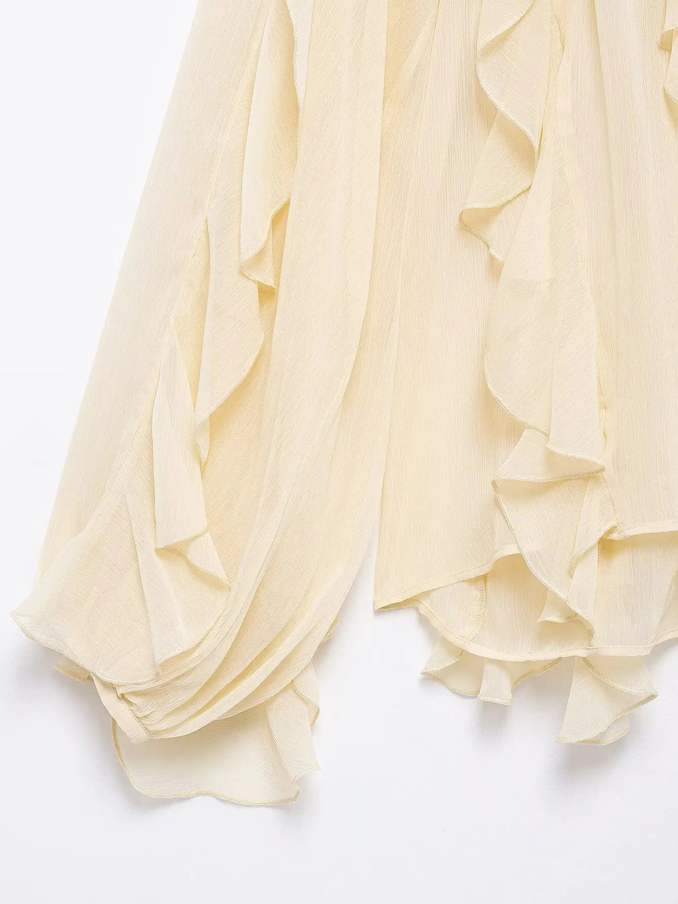 TRAFZA 2025 Women Elegant Solid Ruffles Blouse Spring Female V-Neck Long Sleeved Gauze Shirt Casual Hollow Out Lady Clothes