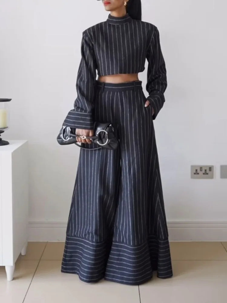 Gymystars Fall Women' Striped Pants Sets Striped Fashion Long Sleeves High Neck Blouses Loose Wide Leg Trousers Female Overalls