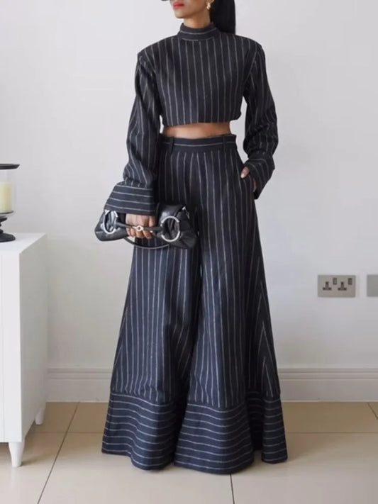 Gymystars Fall Women' Striped Pants Sets Striped Fashion Long Sleeves High Neck Blouses Loose Wide Leg Trousers Female Overalls