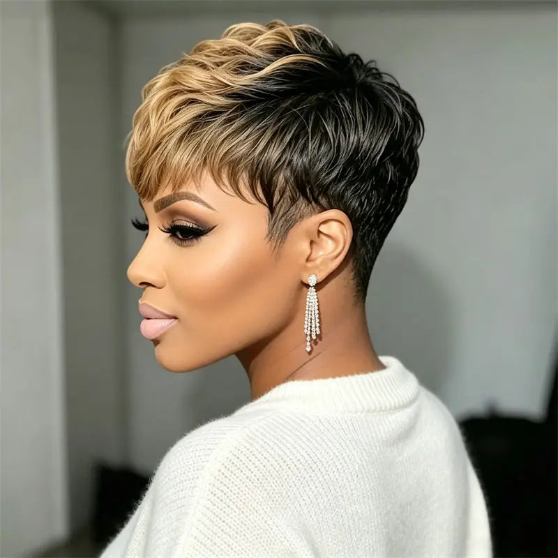 Curly Layered Ombre Short Pixie Cut Human Hair Wig for Women