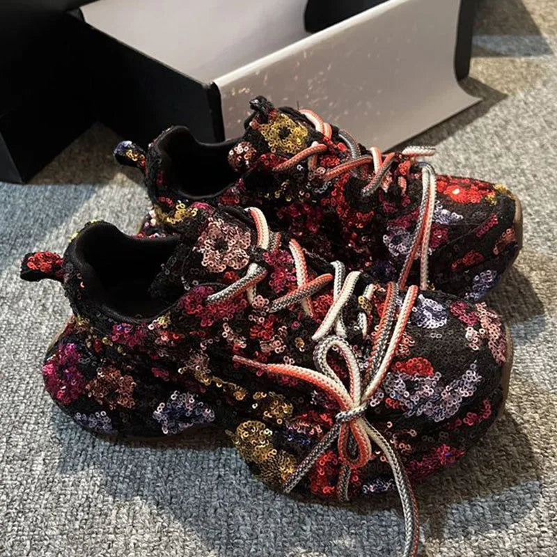Sparkling Crystal Platform Lace Up Sneakers for Women