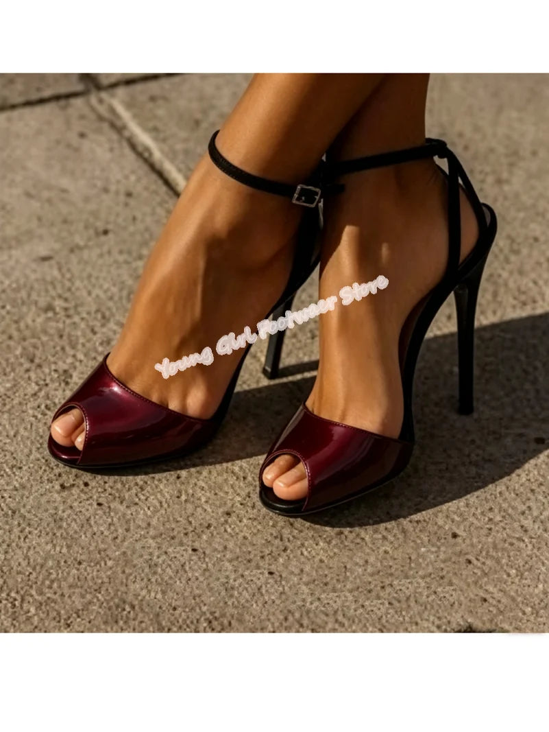 Golden T Strap Open Toe Stiletto Heels With Ankle Buckle For Women