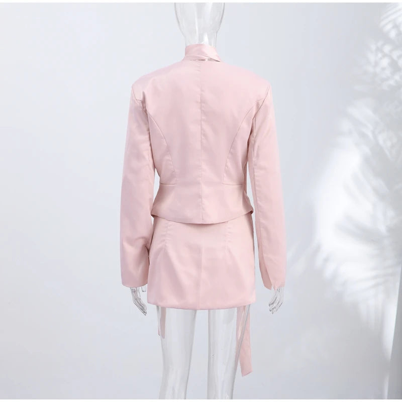 Turn-Down Collar Tailored Blazer Skirt Set for Women