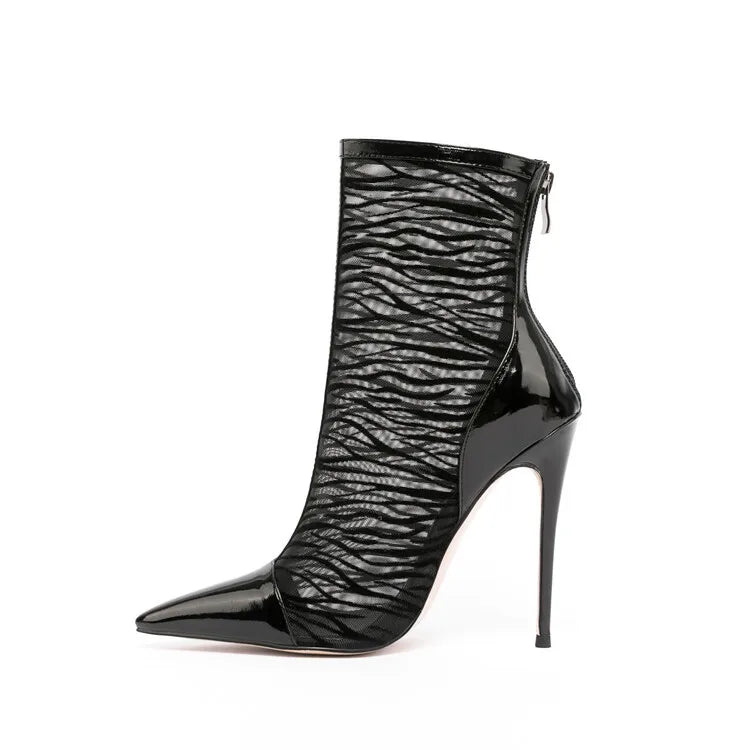 Elegant Black Mesh Stiletto Ankle Boots With Pointy Toe Rear Zipper For Women