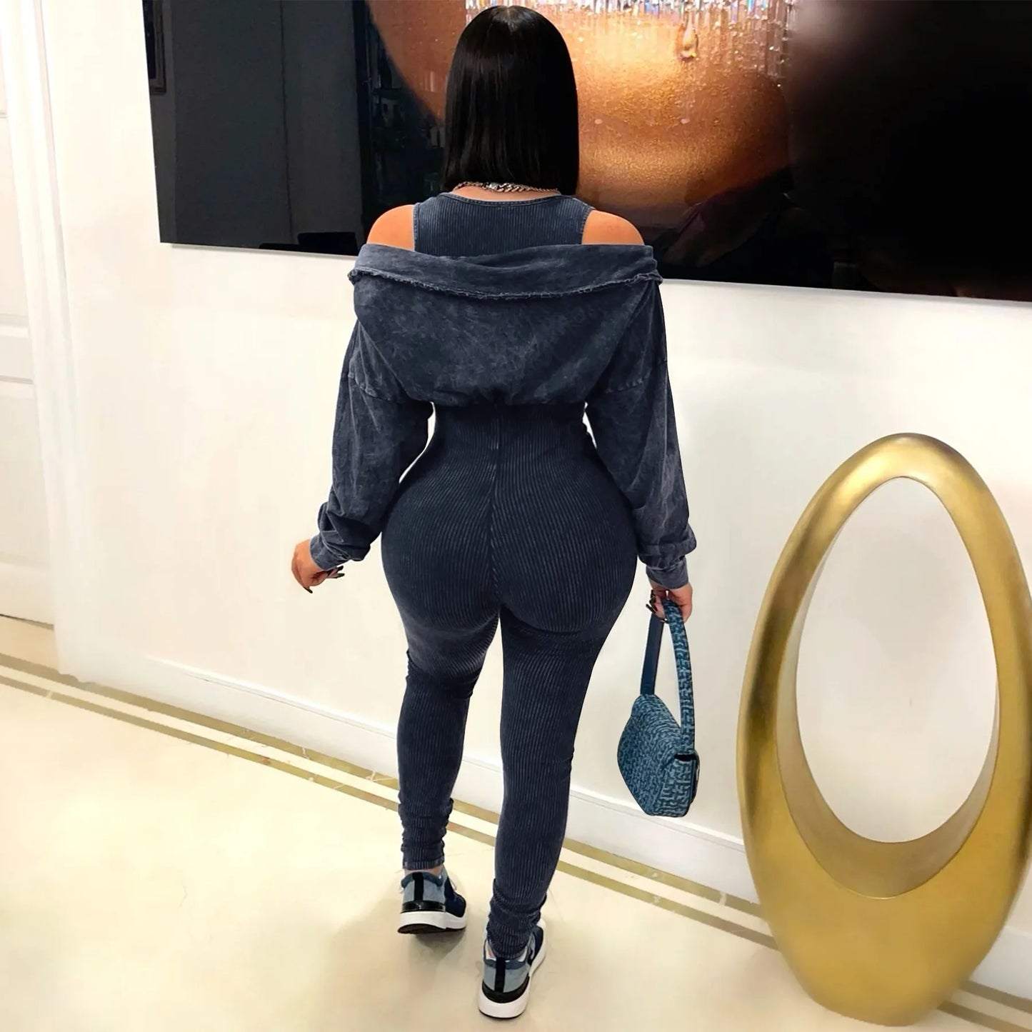 CM.YAYA Fashion Women Knit Ribbed Long Sleeve Moto Biker Jumpsuits Strap Autumn Washed Streetwear Slim One Piece Suit Romper