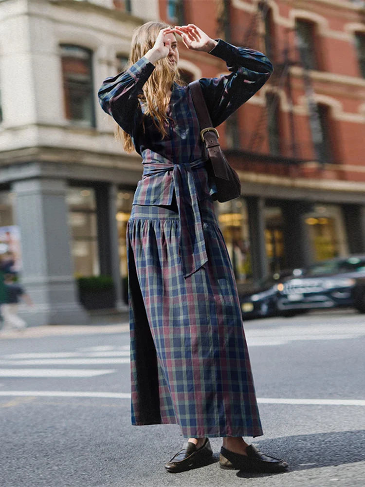 Vintage Plaid Women's Skirt Set V-neck Puff Sleeve Waist Belt Cinched Floor-length Skirt Suit Woman 2026 Spring Evening Outfits