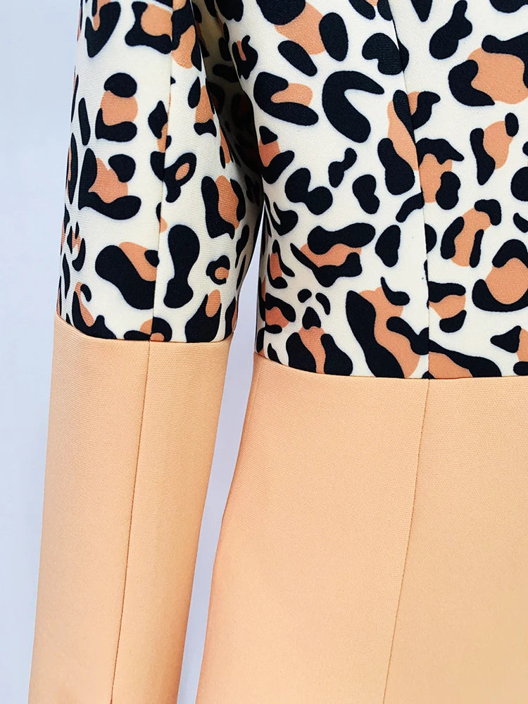 HIGH STREET Newest Fashion 2026 Designer Suit Set Women's Single Button Leopard Printed Color Block Blazer Flare Pants Suit